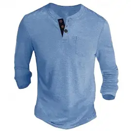 Henley T-Shirt – Round neck with 2–5 buttons, between a T-shirt and polo.